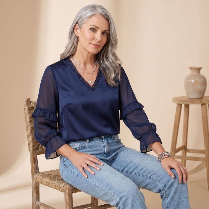 Dames Vintage Transparante Rucheskraag Satijnen Blouse
