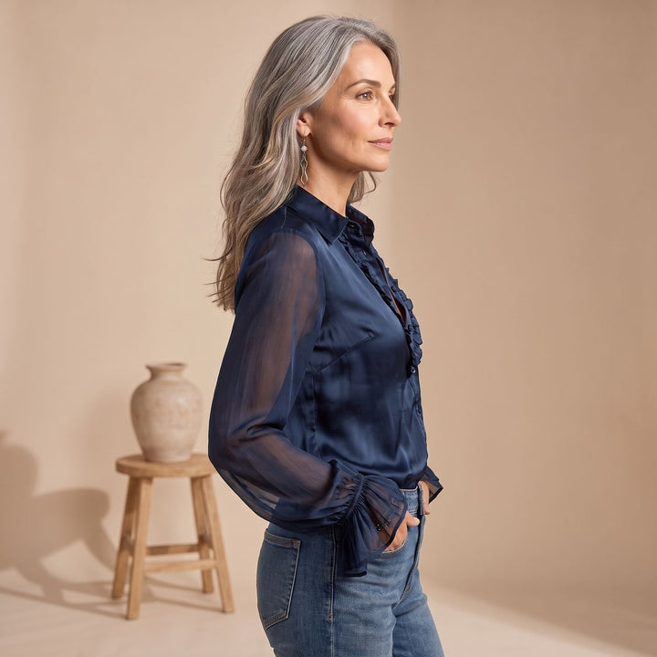 Dames Vintage Transparante Rucheskraag Satijnen Blouse