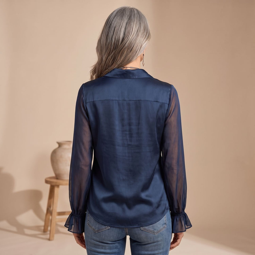 Dames Vintage Transparante Rucheskraag Satijnen Blouse