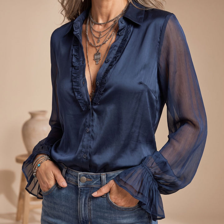 Dames Vintage Transparante Rucheskraag Satijnen Blouse