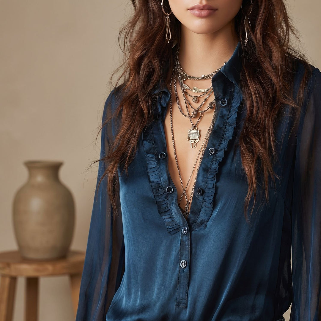 Dames Vintage Transparante Rucheskraag Satijnen Blouse