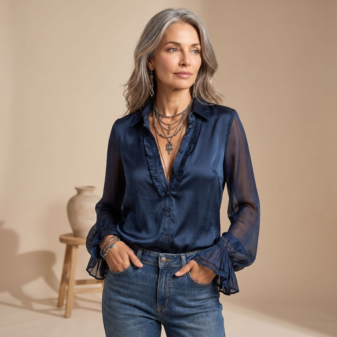 Dames Vintage Transparante Rucheskraag Satijnen Blouse