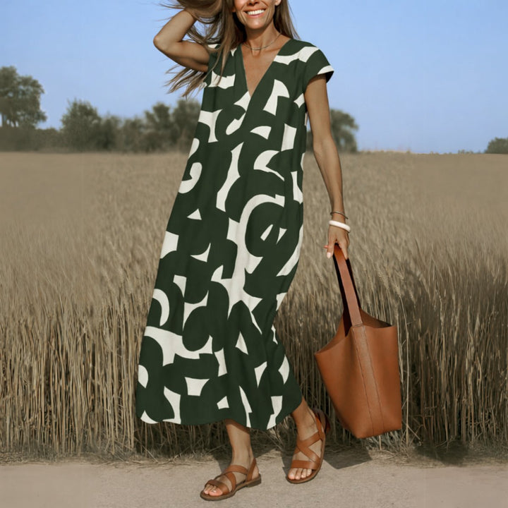 Dames Vloeiende Maxi-jurk met V-hals en Grafische Print - Groen