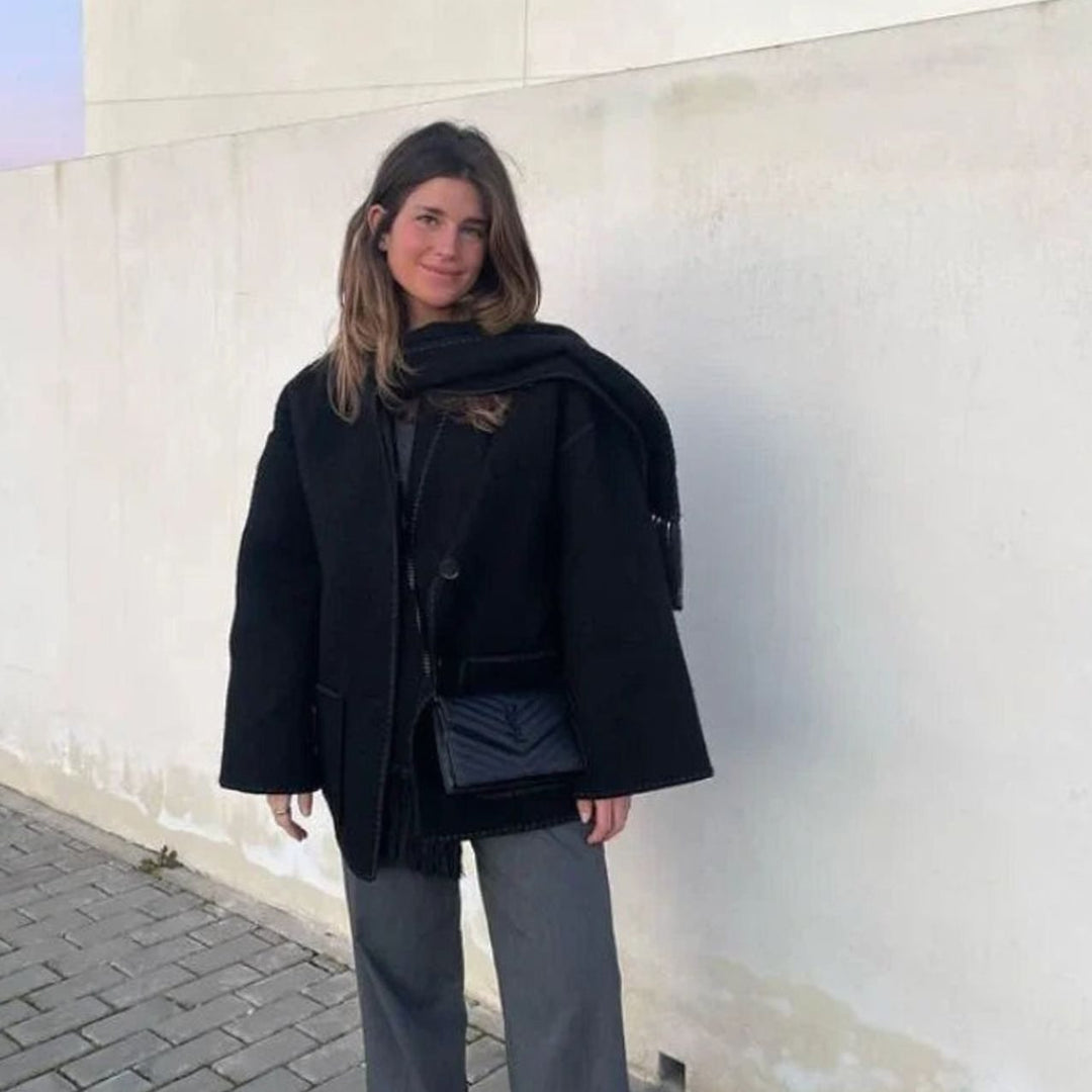 Dames Warme Winterjas met Sierrand Oversized Wollen Look - Zwart