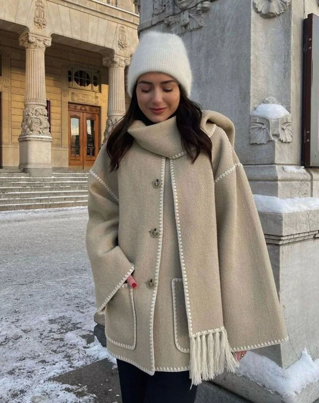 Dames Warme Winterjas met Sierrand Oversized Wollen Look - Beige