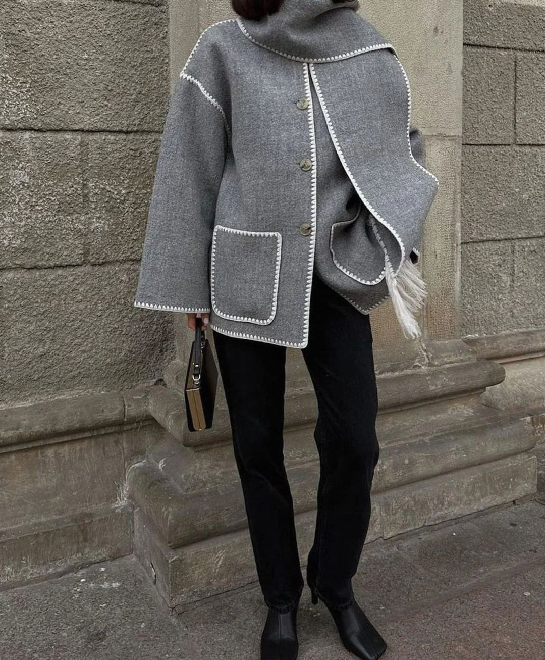 Dames Warme Winterjas met Sierrand Oversized Wollen Look - Lichtgrijs