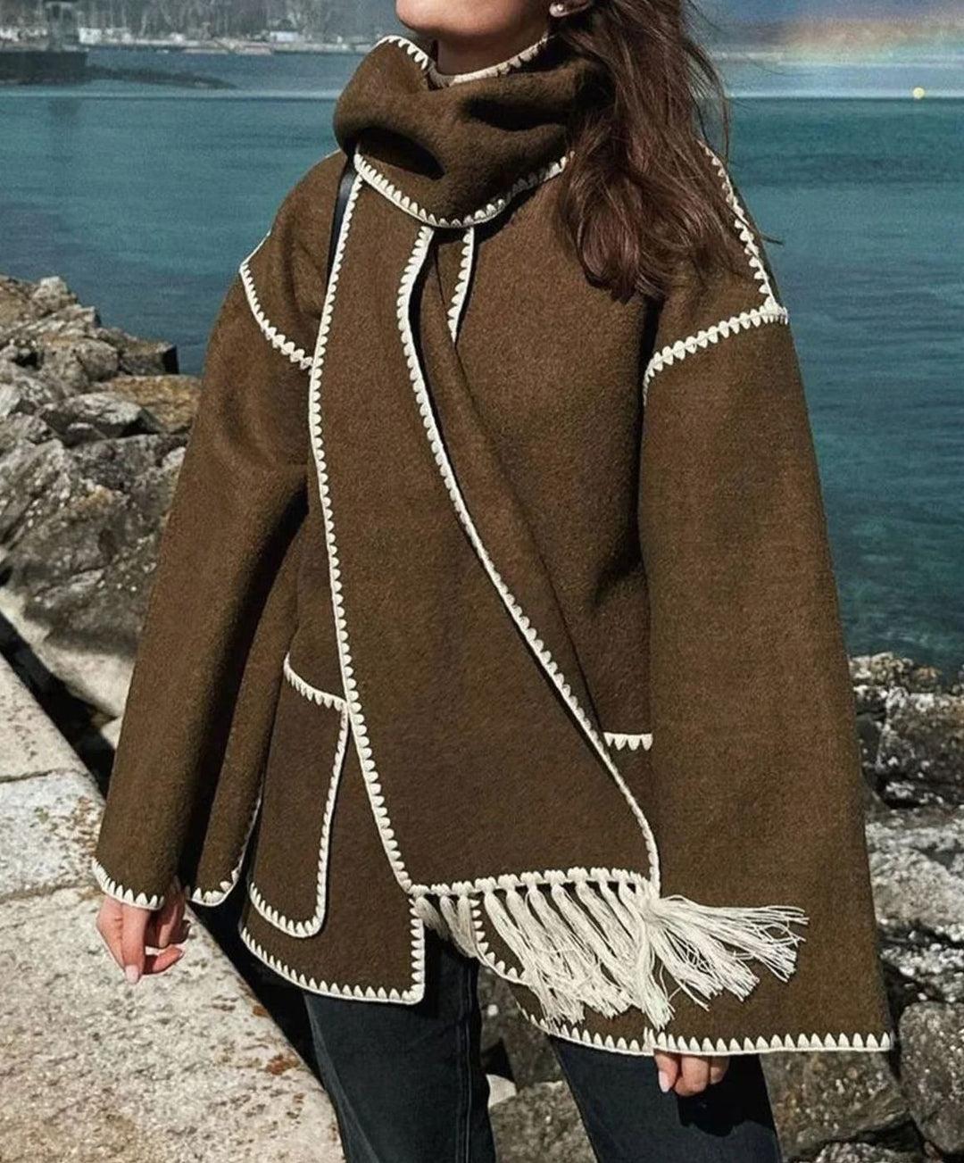 Dames Warme Winterjas met Sierrand Oversized Wollen Look - Bruin