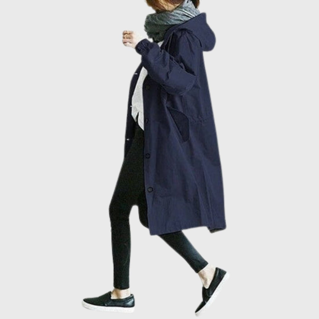 Dames Waterafstotende Hooded Lang Trench Coat - Blue