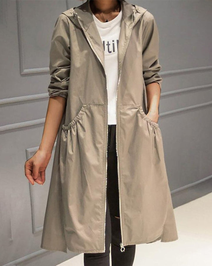 Dames Waterafstotende Hooded Lange Trench Coat - Khaki