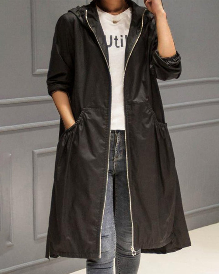 Dames Waterafstotende Hooded Lange Trench Coat - Zwart