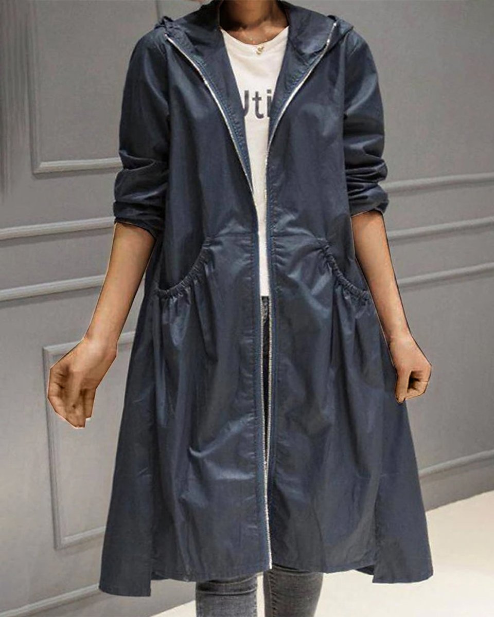 Dames Waterafstotende Hooded Lange Trench Coat - Marineblauw