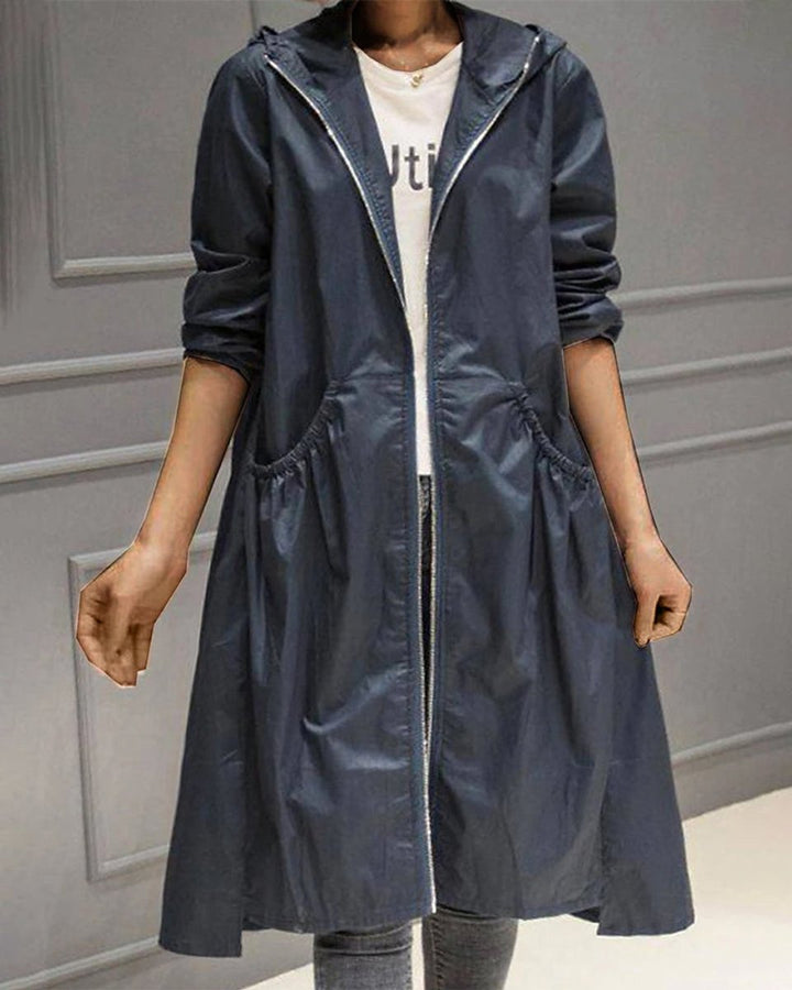 Dames Waterafstotende Hooded Lange Trench Coat - Marineblauw