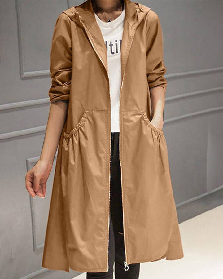 Dames Waterafstotende Hooded Lange Trench Coat - Bruin