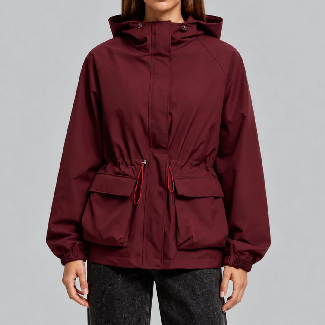 Dames Waterafstotende Windjas met Capuchon en Trekkoord Taille - Rood