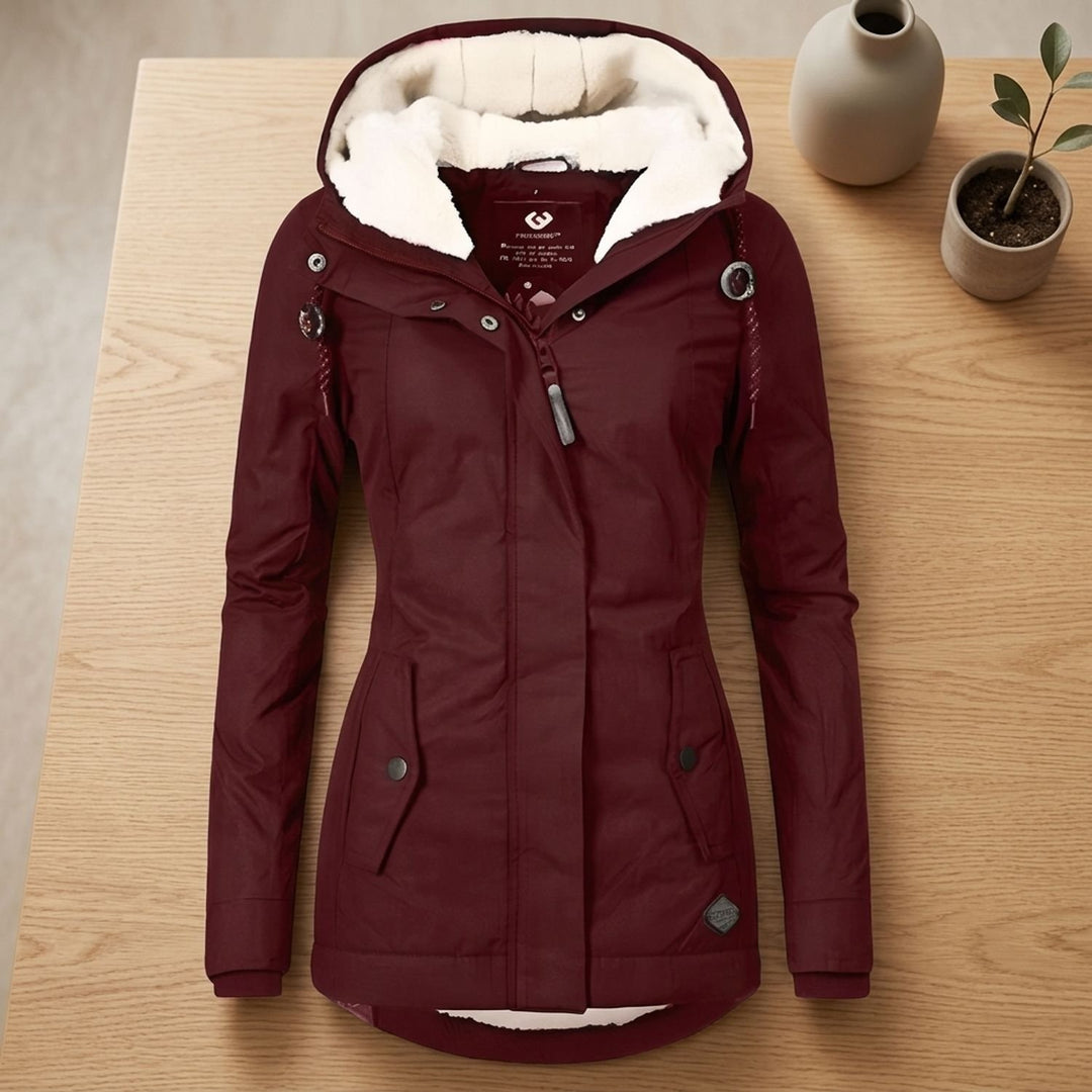 Dames Waterproof Fleece-Gevoerde Regenjas met Afneembare Capuchon - Bordeaux