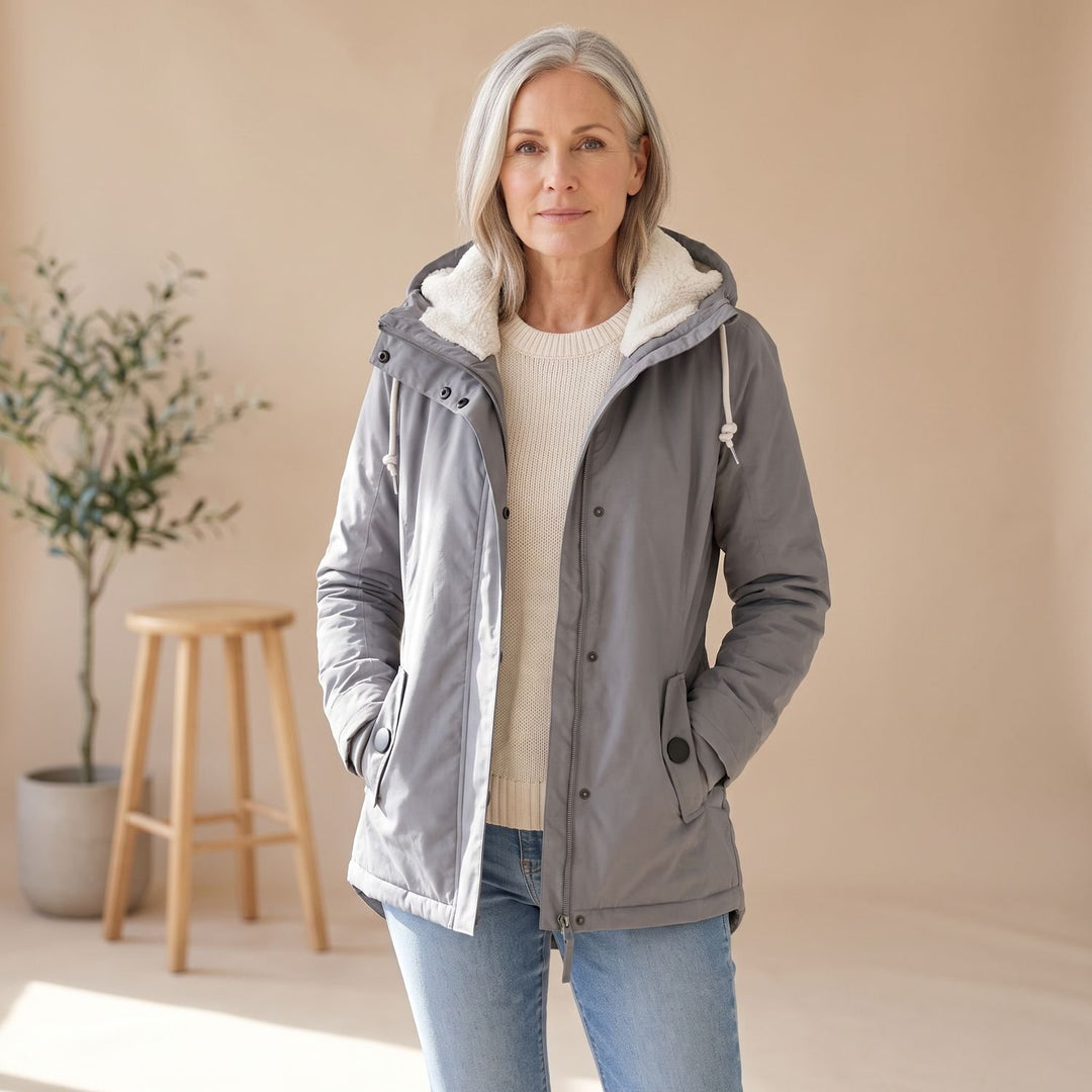 Dames Waterproof Fleece-Gevoerde Regenjas met Afneembare Capuchon - Grijs