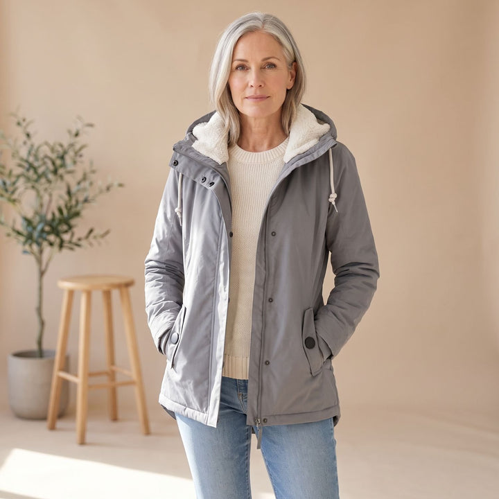 Dames Waterproof Fleece-Gevoerde Regenjas met Afneembare Capuchon - Grijs