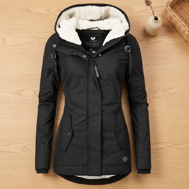 Dames Waterproof Fleece-Gevoerde Regenjas met Afneembare Capuchon - Zwart