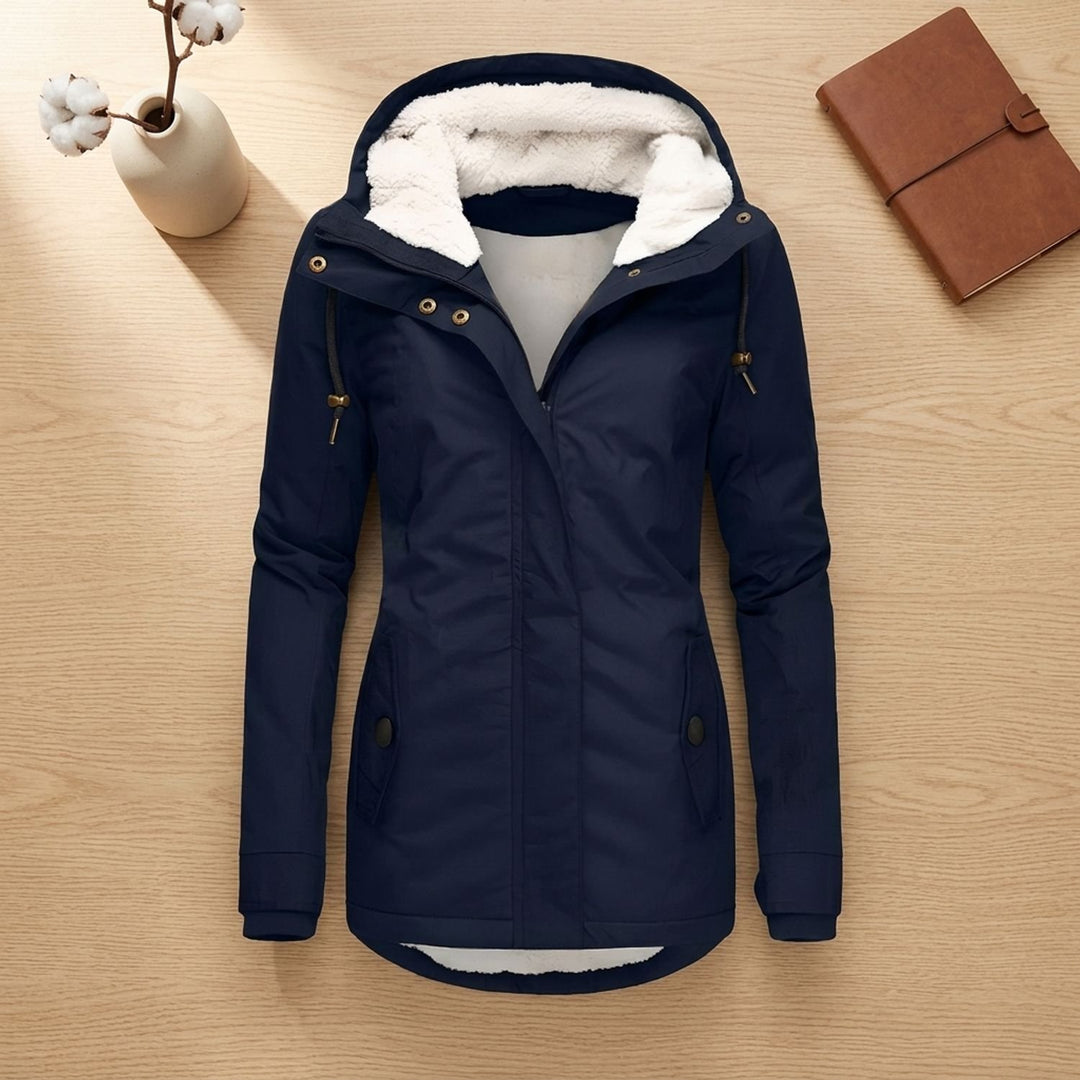 Dames Waterproof Fleece-Gevoerde Regenjas met Afneembare Capuchon - Marineblauw