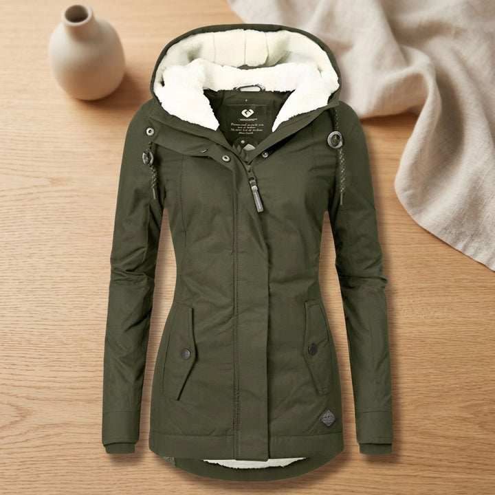 Dames Waterproof Fleece-Gevoerde Regenjas met Afneembare Capuchon - Donkergroen