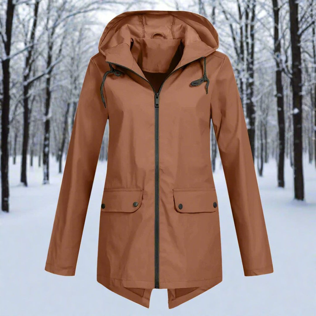 Dames Waterproof Regenjas Capuchon Ritssluiting Verstelbare Manchetten - Koffiebruin