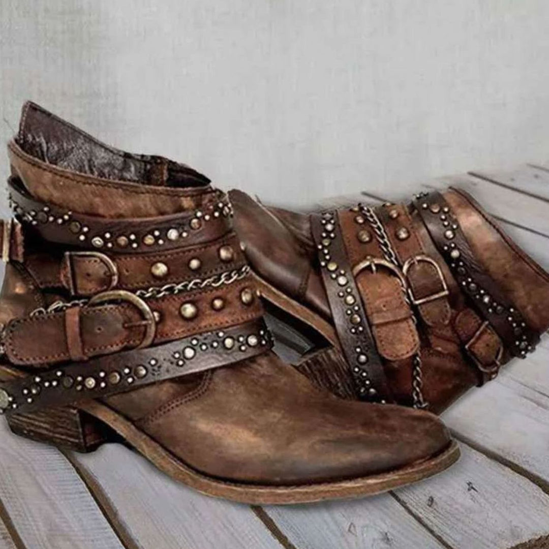 Dames Western Enkellaarzen met Gespenriemen Klinknagels Ketting