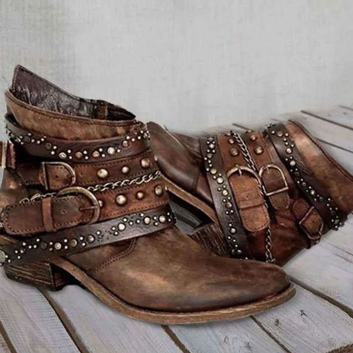 Dames Western Enkellaarzen met Gespenriemen Klinknagels Ketting