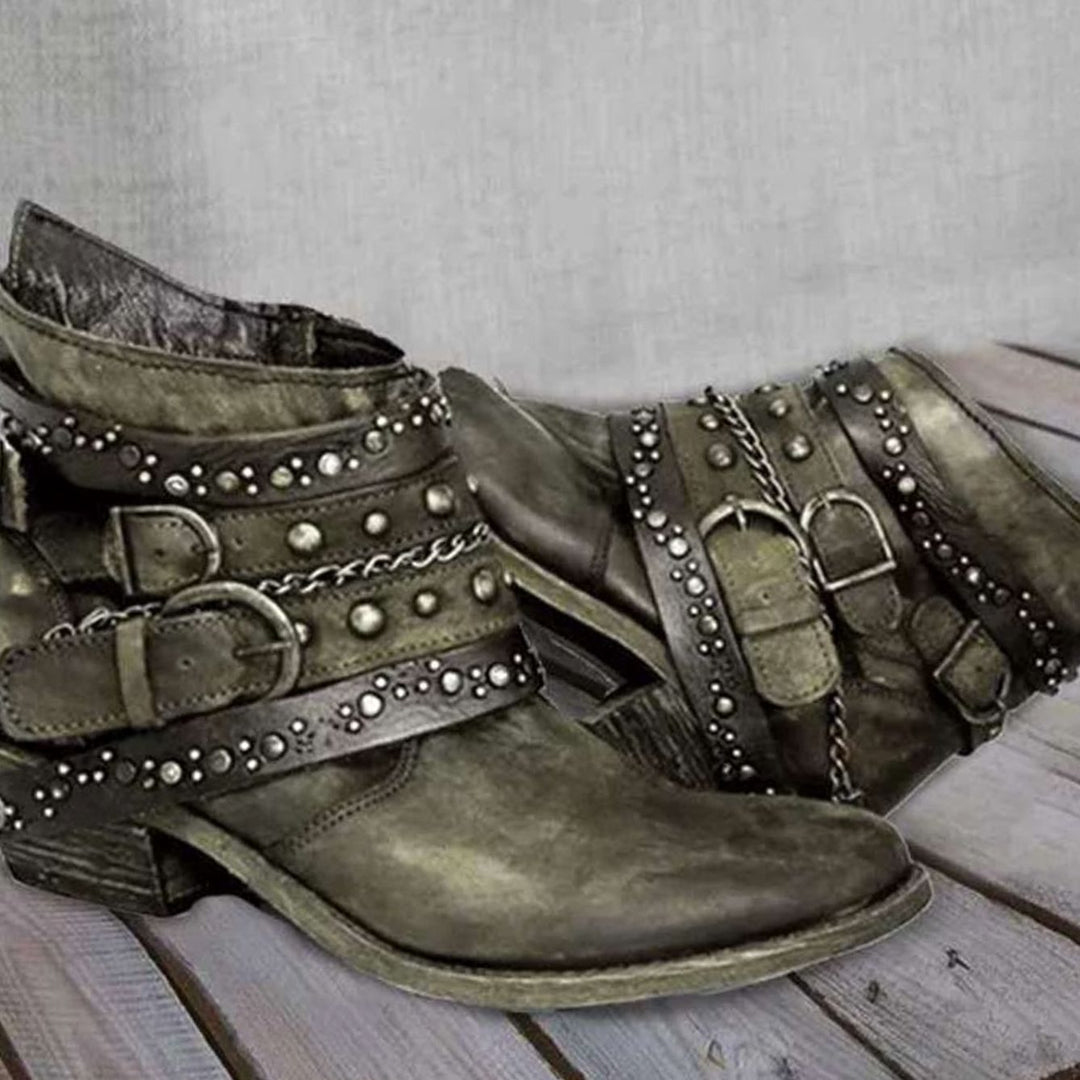 Dames Western Enkellaarzen met Gespenriemen Klinknagels Ketting