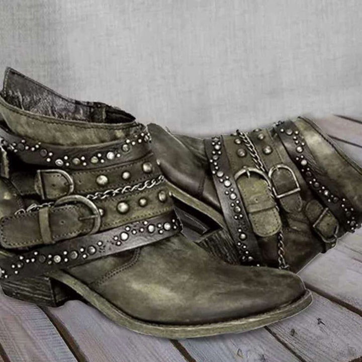 Dames Western Enkellaarzen met Gespenriemen Klinknagels Ketting