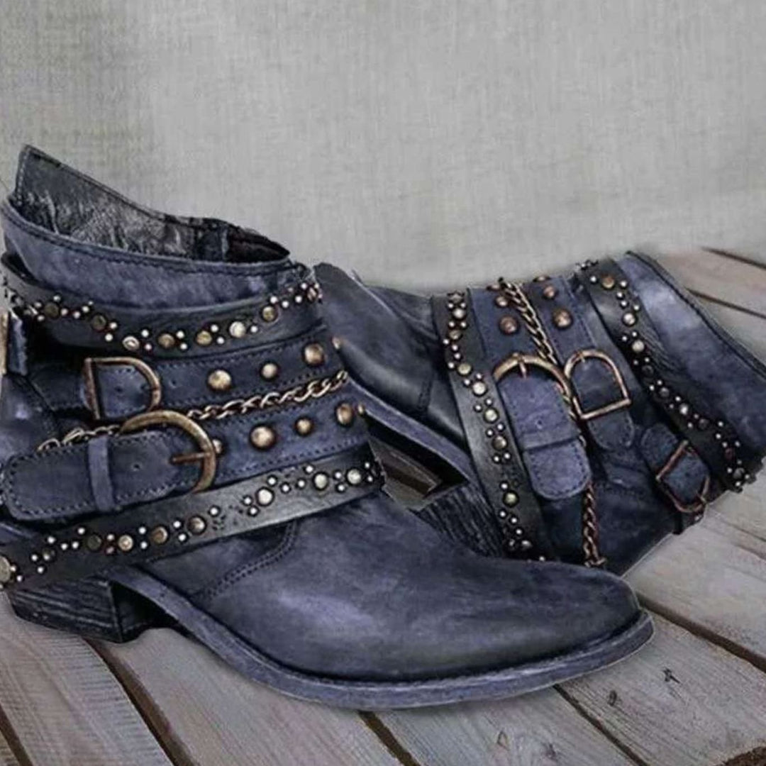 Dames Western Enkellaarzen met Gespenriemen Klinknagels Ketting