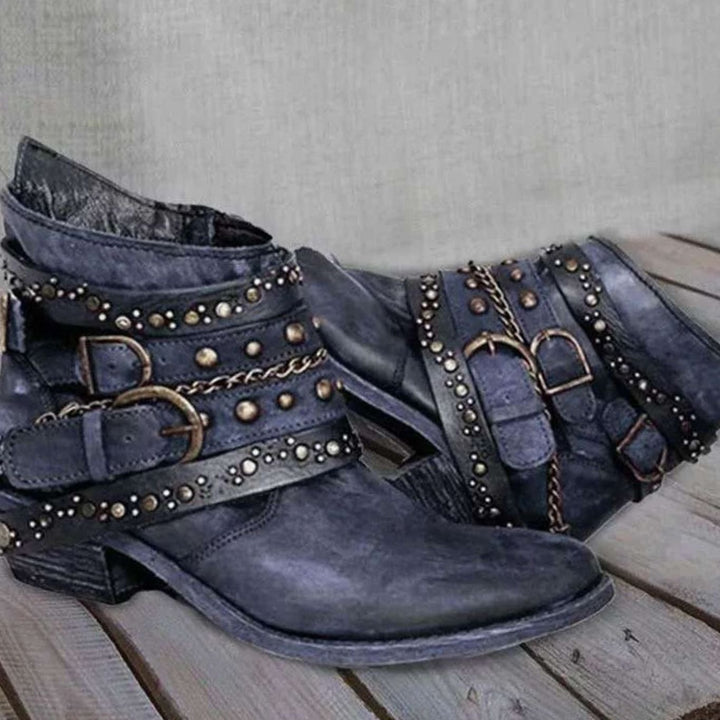 Dames Western Enkellaarzen met Gespenriemen Klinknagels Ketting