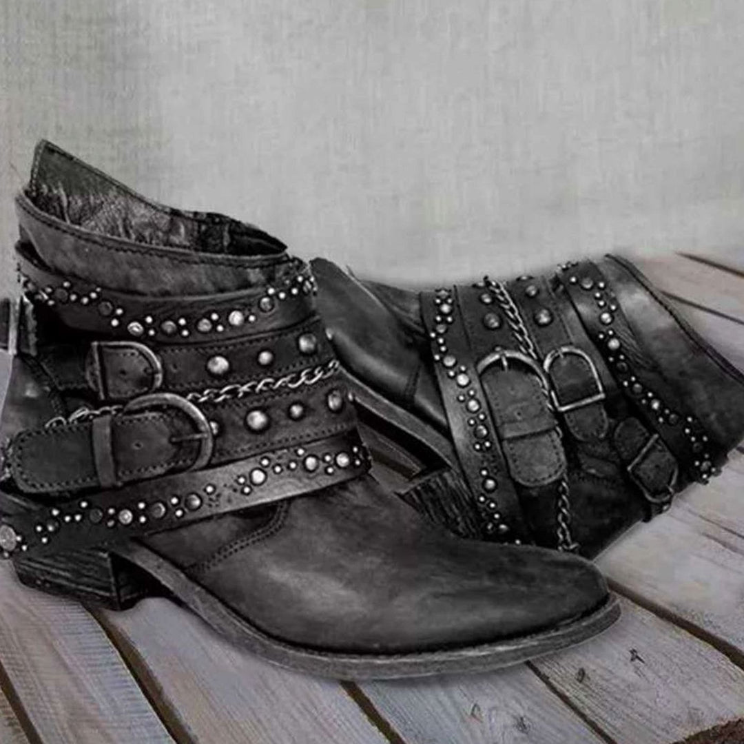 Dames Western Enkellaarzen met Gespenriemen Klinknagels Ketting