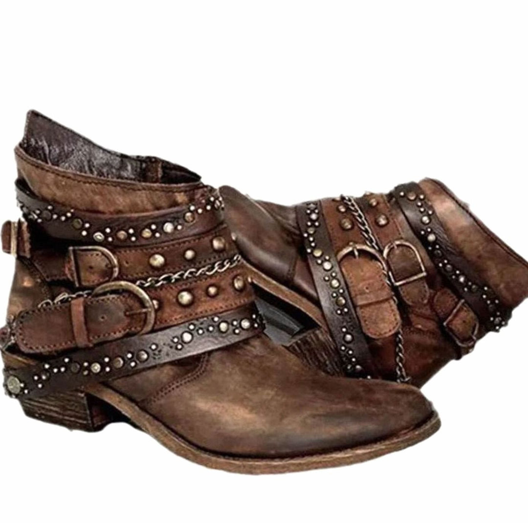 Dames Western Enkellaarzen met Gespenriemen Klinknagels Ketting