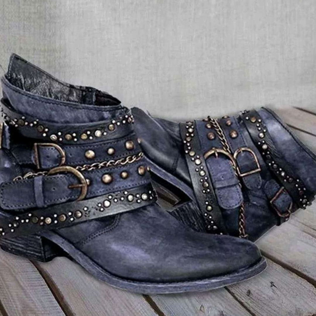 Dames Western Enkellaarzen met Gespenriemen Klinknagels Ketting - Blauw