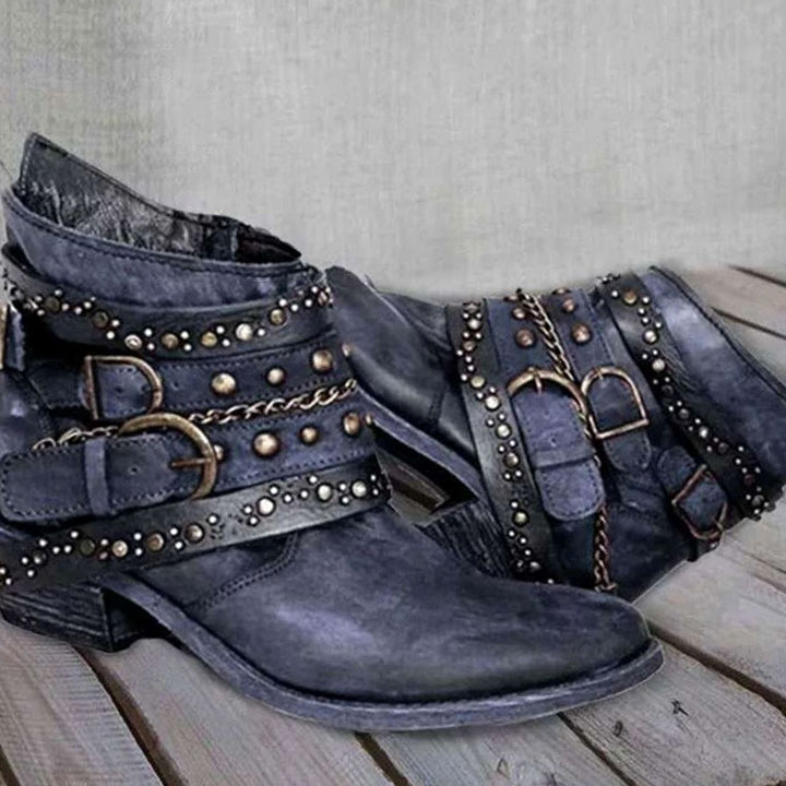 Dames Western Enkellaarzen met Gespenriemen Klinknagels Ketting - Blauw