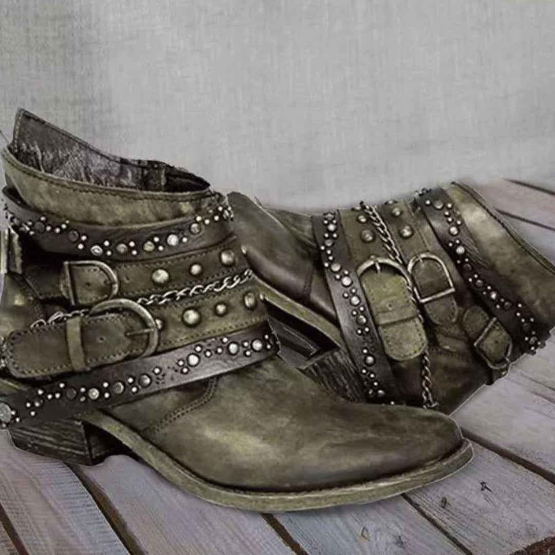 Dames Western Enkellaarzen met Gespenriemen Klinknagels Ketting - Groen