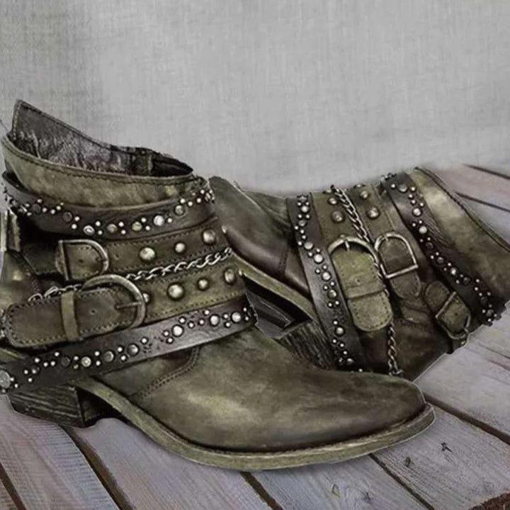 Dames Western Enkellaarzen met Gespenriemen Klinknagels Ketting - Groen