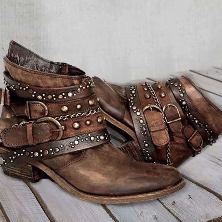 Dames Western Enkellaarzen met Gespenriemen Klinknagels Ketting - Bruin