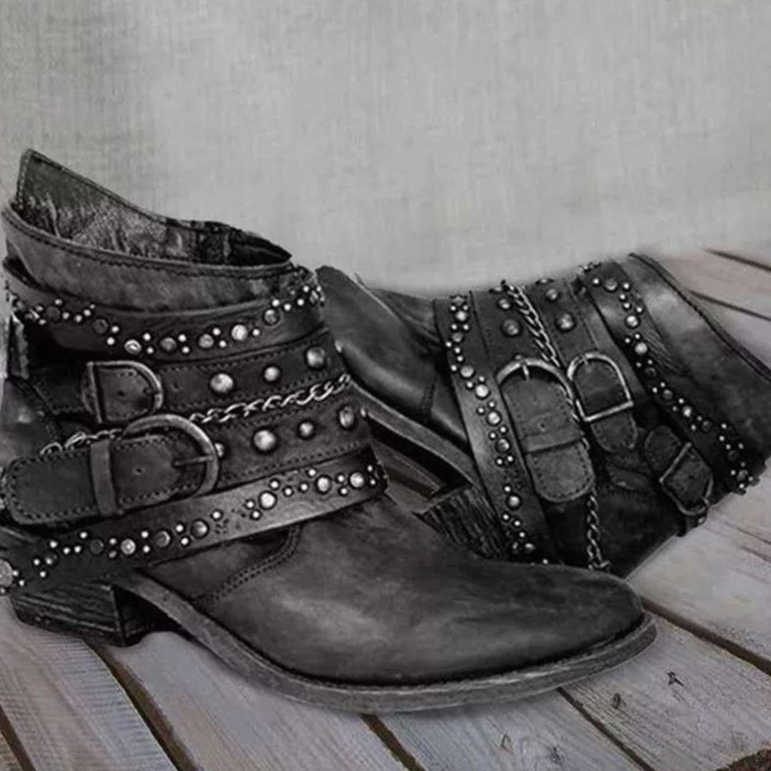 Dames Western Enkellaarzen met Gespenriemen Klinknagels Ketting - Zwart