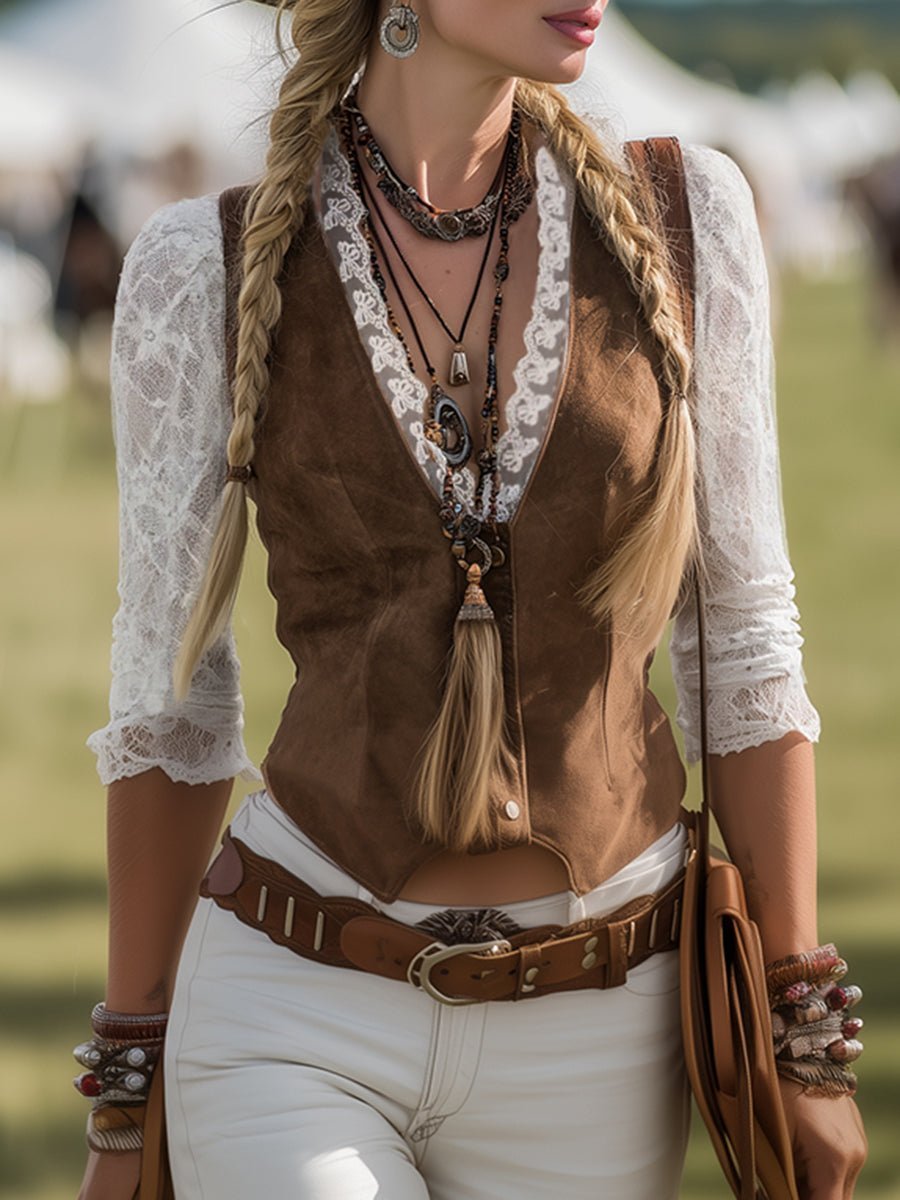 Dames Western Kanten Lange Mouw V-hals Getailleerde Blouse - Brown