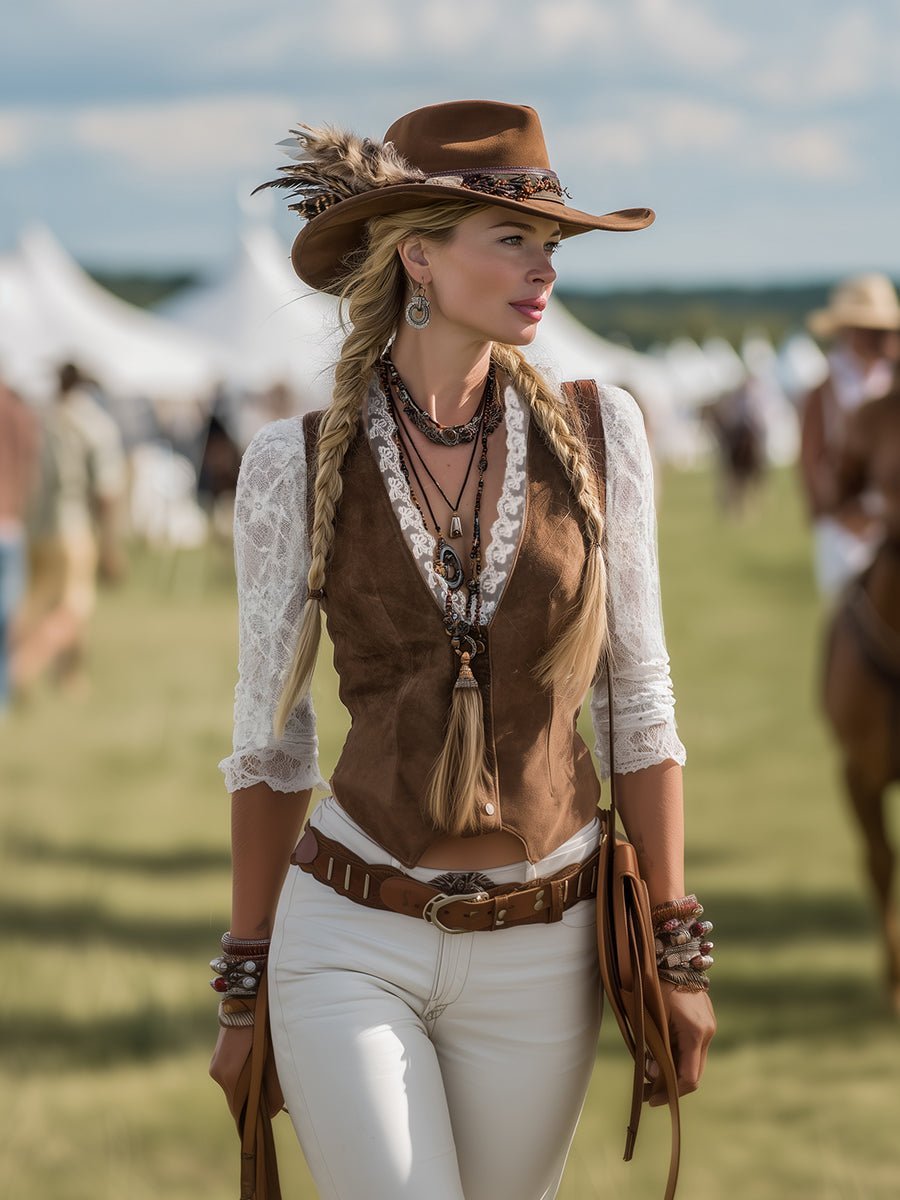 Dames Western Kanten Lange Mouw V-hals Getailleerde Blouse