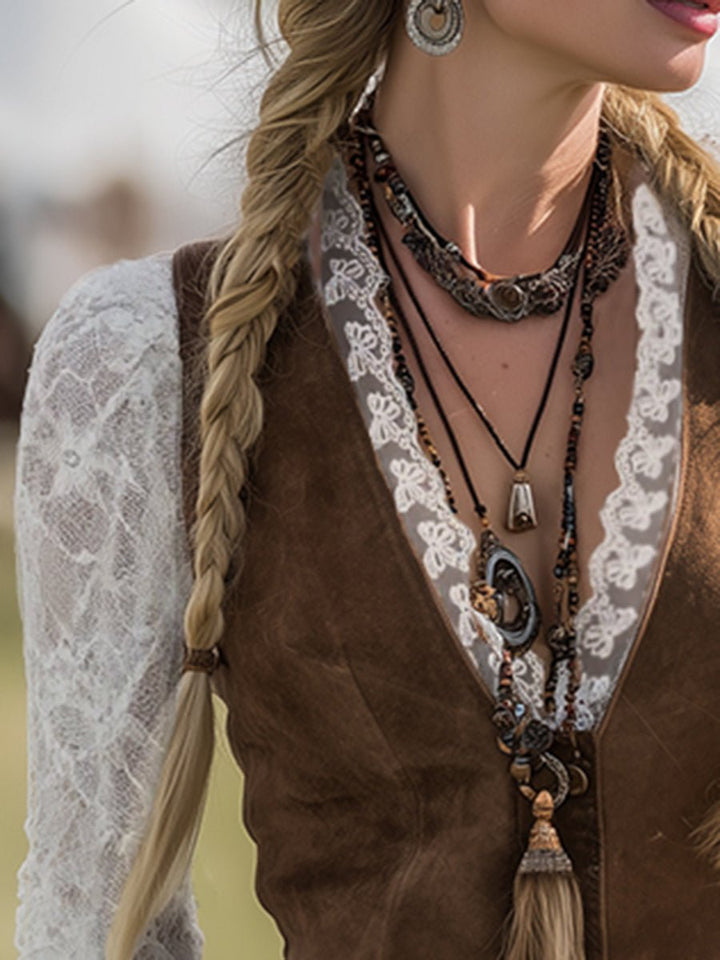 Dames Western Kanten Lange Mouw V-hals Getailleerde Blouse