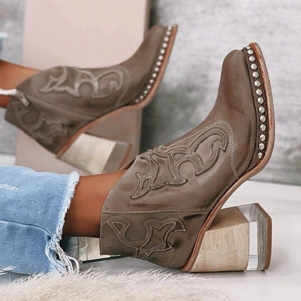 Dames Western Laarzen Mid-Calf Blokhak Studs - Texan Brown