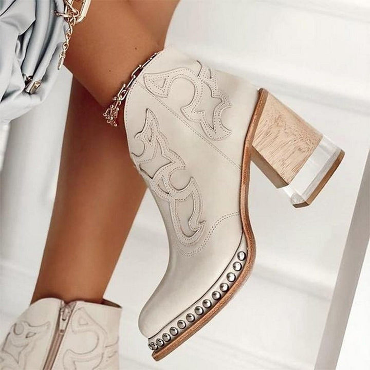 Dames Western Laarzen Mid-Calf Blokhak Studs - Vegas White