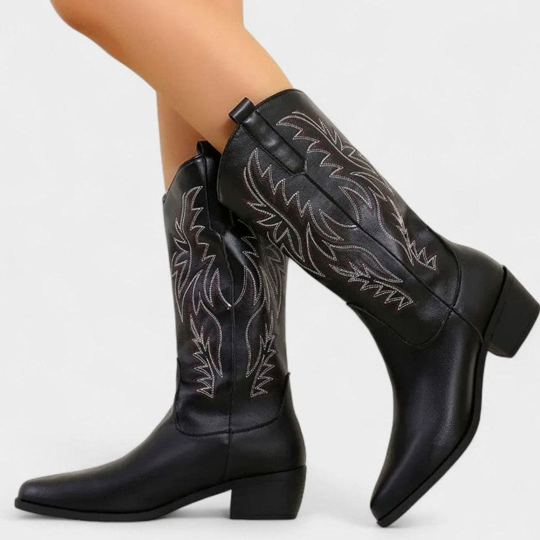 Dames Western Laarzen Orthopedische Blokhak Borduursel - Zwart
