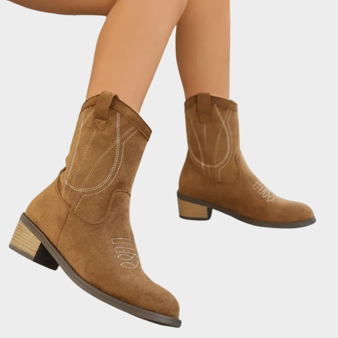 Dames Western Suède Ankle Boots Geborduurde Cowboylaarzen - Khaki