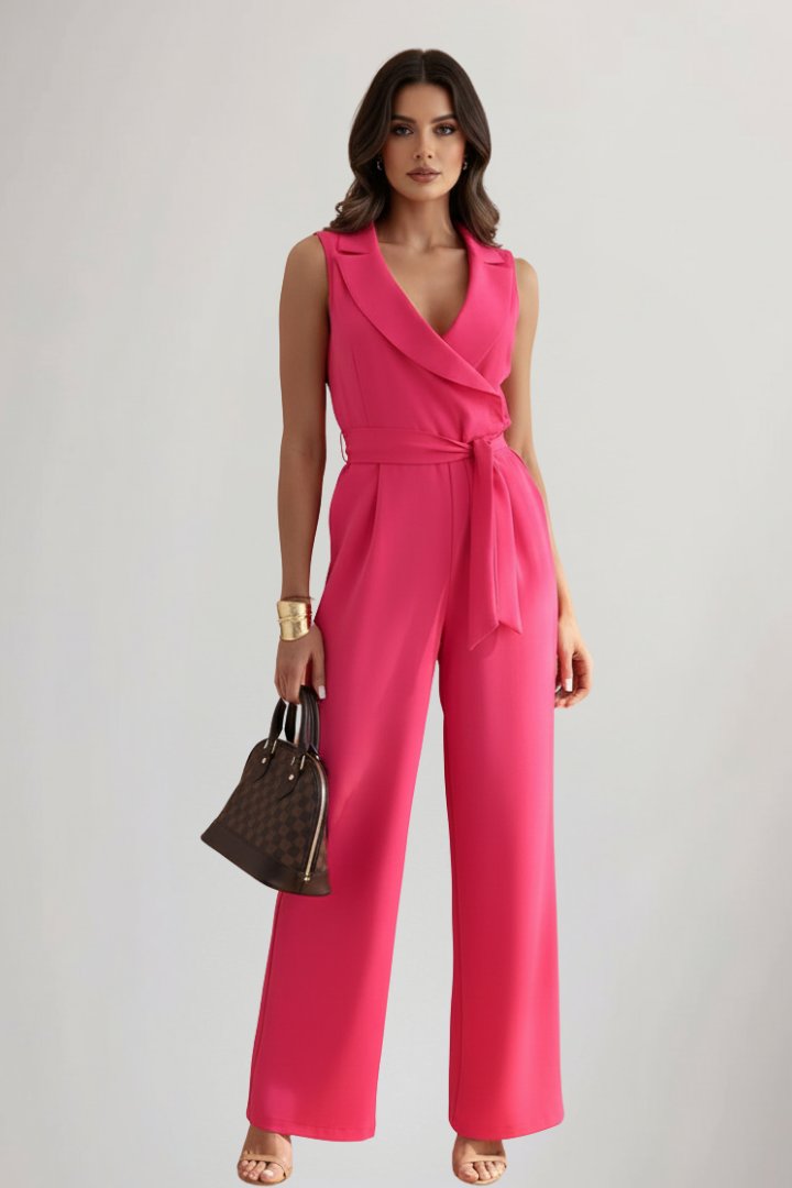 Dames Wide-Leg Blazerkraag Strikceintuur Jumpsuit - Fuchsia Pink
