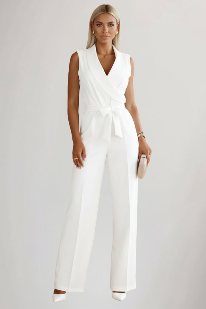 Dames Wide-Leg Blazerkraag Strikceintuur Jumpsuit - White