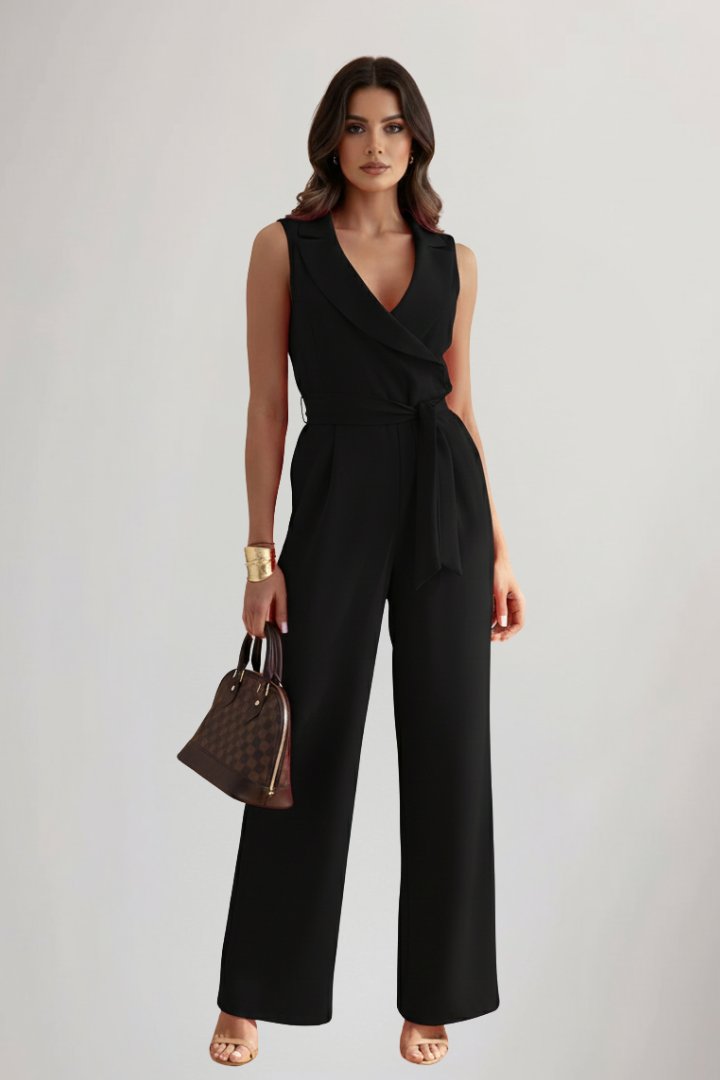 Dames Wide-Leg Blazerkraag Strikceintuur Jumpsuit - Black