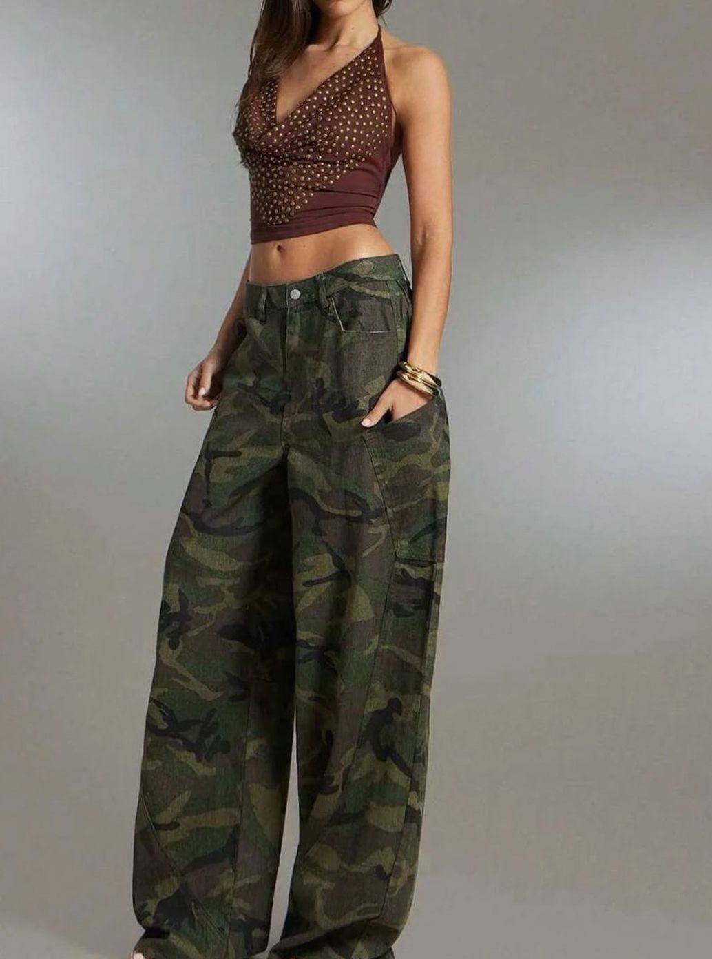 Dames Wide Leg Camo Cargo Pants Denim Camouflage Broek